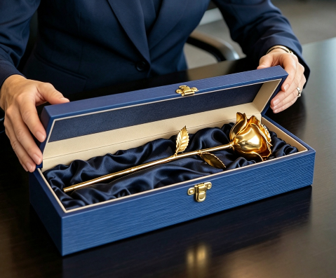 24K gold dipped roses displayed in a jewelry store
