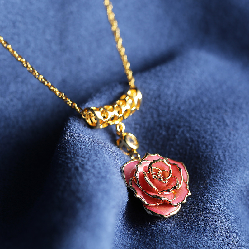 Exquisite Diamond Pink Gold Rose Necklace