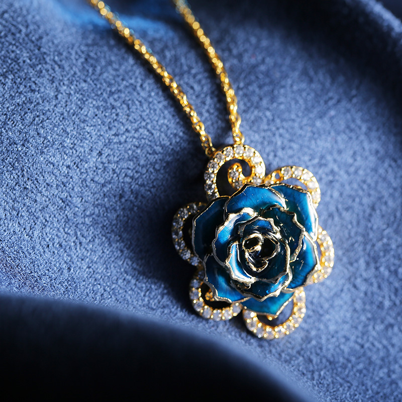 Diamond Lace Blue Rose Necklace (fresh Rose)
